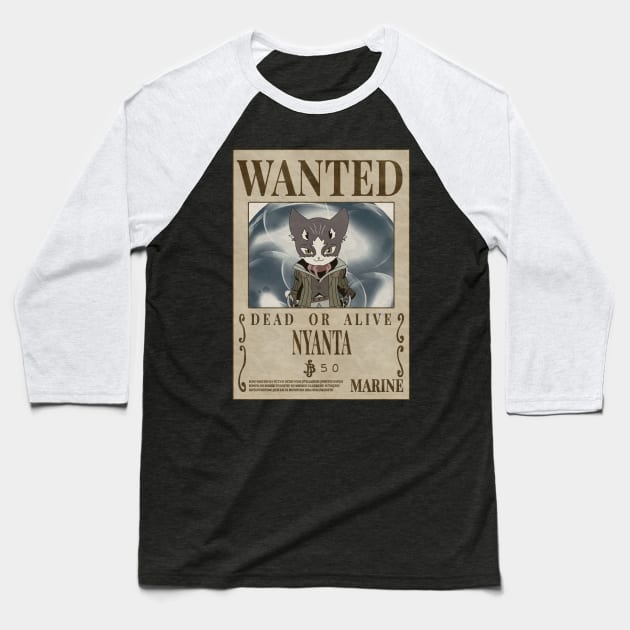 Nyanta Cool Cute Cat Wanted Poster Baseball T-Shirt by oneskyoneland